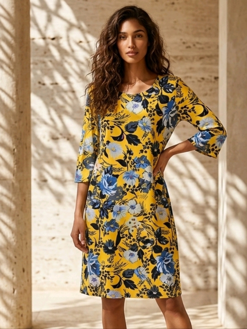 Alexandra & Oak Floral Dress Large Yellow Jersey Knit Sheath Work Dress